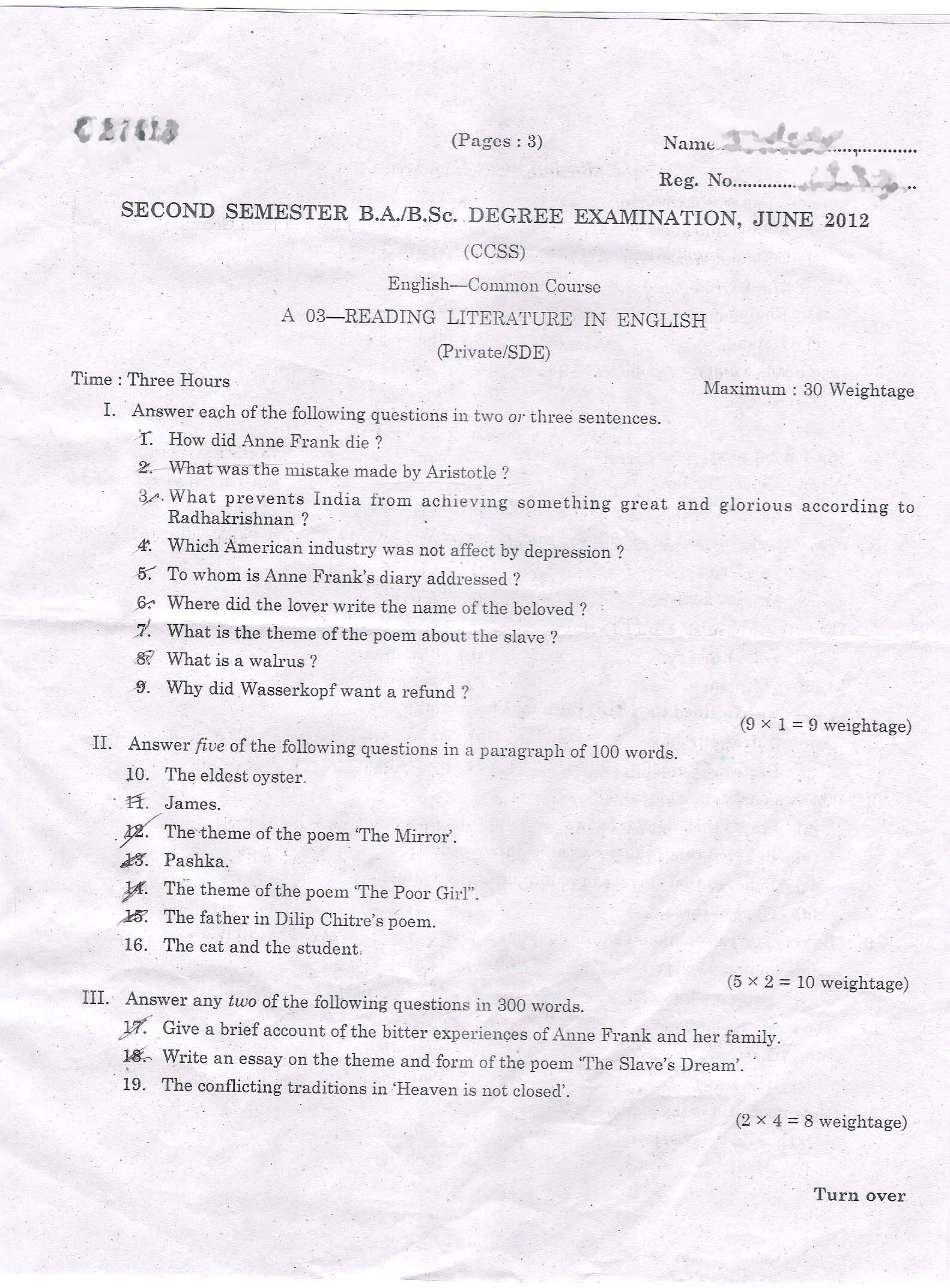 Second Semester B.A/B.comDegree Examination (CCS -SDE ) June -2012 - Reading Literature in English Download